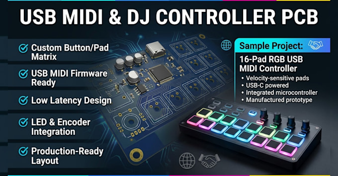 develop custom usb midi controller, dj controller hardware pcb engineer design