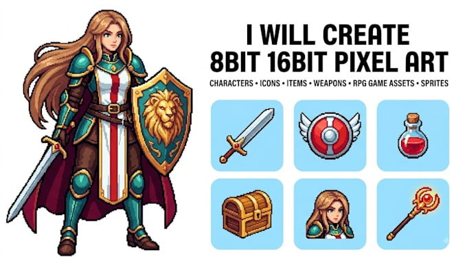 create 8bit 16bit pixel art character icons items weapons rpg game assets sprite