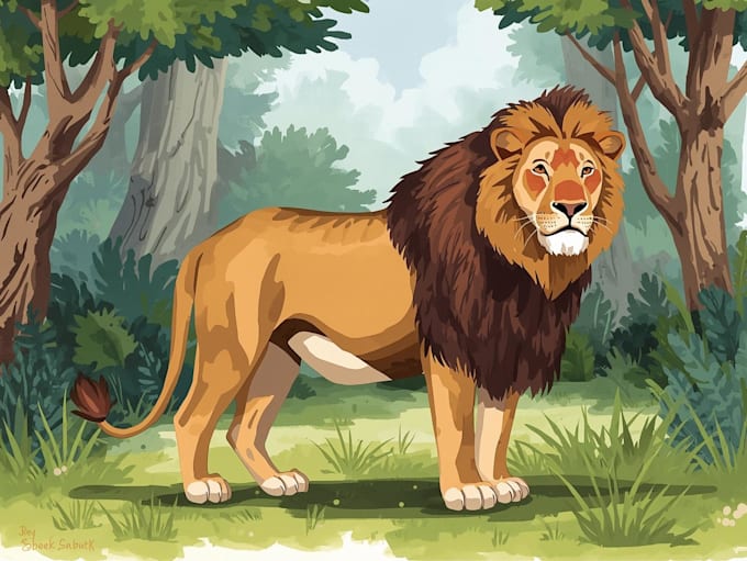 draw animals lion and concept art with forest