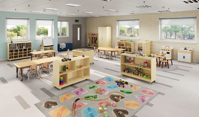 setup 3d realistic kids classroom interior,cgi playground design,basement layout