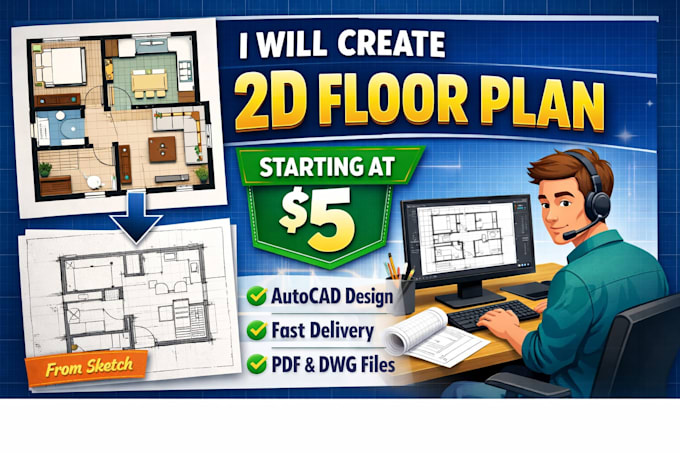 create architectural 2d floor plan in autocad with dimensions