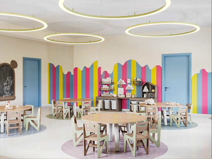redesign children classroom,daycare interior, activity room,kid play area render