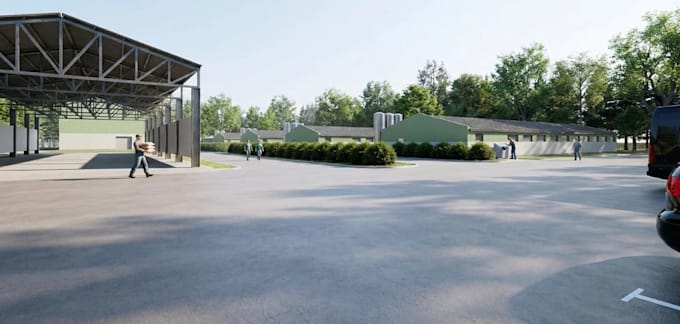 provide 3d space render,industrial retail,warehouse exterior layout,loading dock