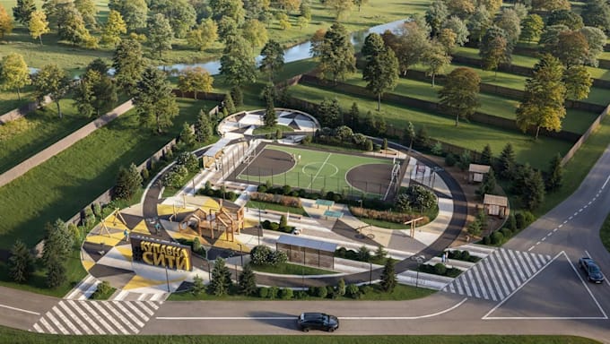 render recreational site plan, visualize modern parks, landscape layout design