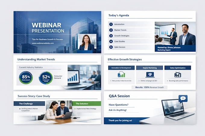 design webinar slides and presentation, pitch deck, educational webinars script