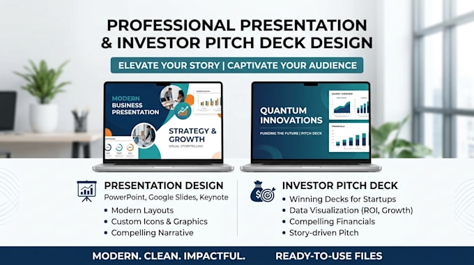 design a powerful investor pitch deck, presentation design that gets funded