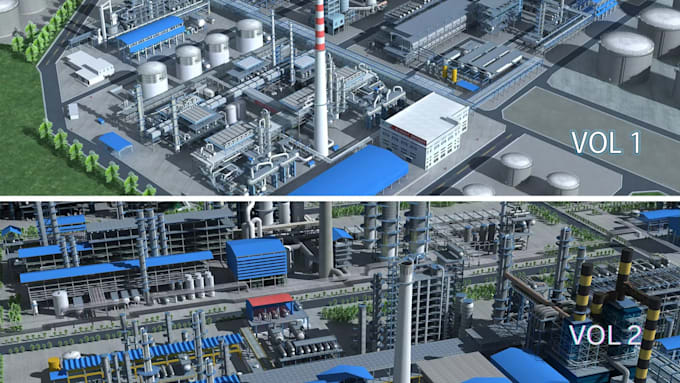 design detailed 3d oil refinery, model with, interior exterior views