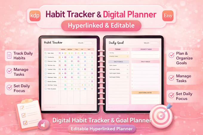 design habit tracker hyperlinked digital planner task tracker editable journal