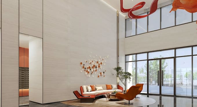 revitalize3d lobby interior,commercial space render,waiting lounge layout design