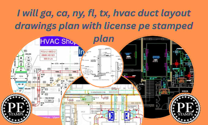 Desenhos de layout de dutos hvac, plano com selo de engenheiro pe com ...