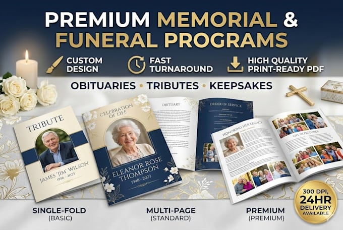 design memorial, obituary, tribute or funeral program book