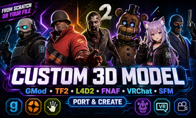 create custom gmod model, tf2, lf4d2, fnaf, vrm vrchat avatar, port 3d sfm model