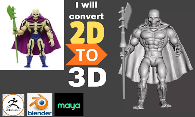 convert 2d sketch action figure character image into 3d printable file for print