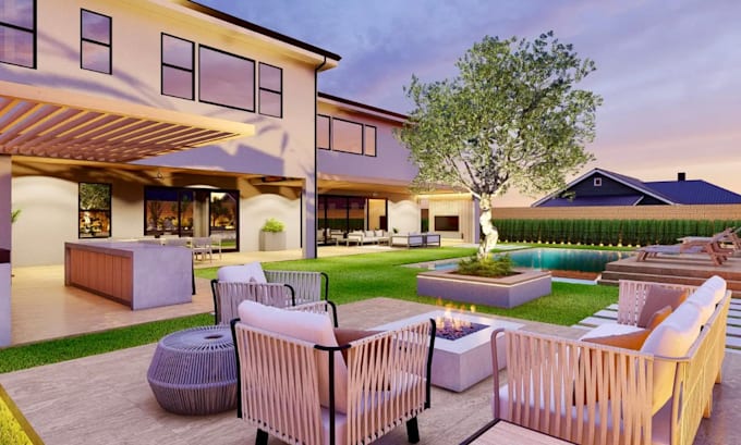 do backyard landscape design, pool, patio design rendering, 3d landscape design