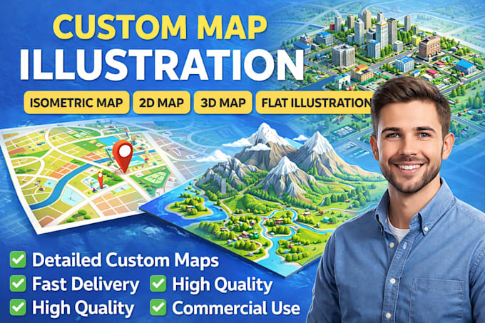 design a custom 3d maps or 2d isometric, flat, vector, city map illustration