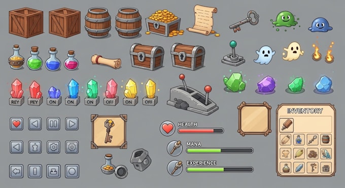 create 2d game assets, UI icons, props, objects and items for mobile games