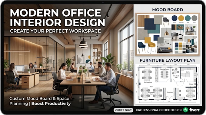 create modern office interior design with moodboard and furniture layout