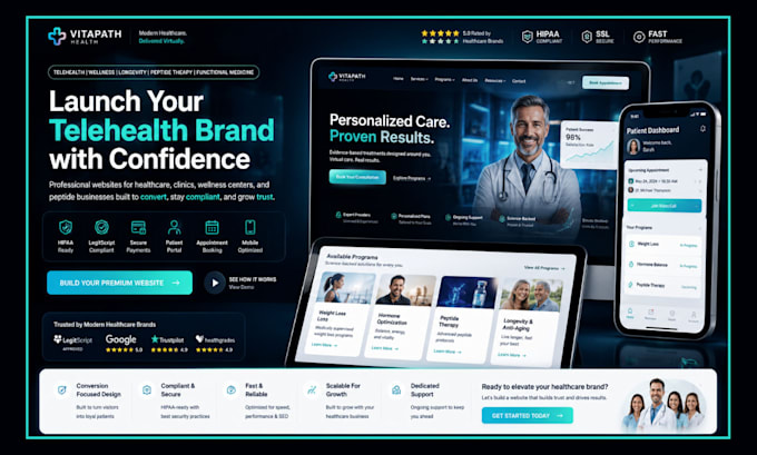 build telehealth, healthcare, clinic, wellness, longevity and peptide websites