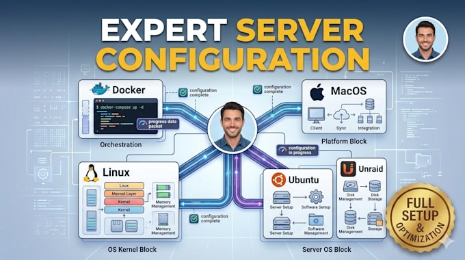 fully configure your server inside docker, linux, ubuntu, unraid server, macos