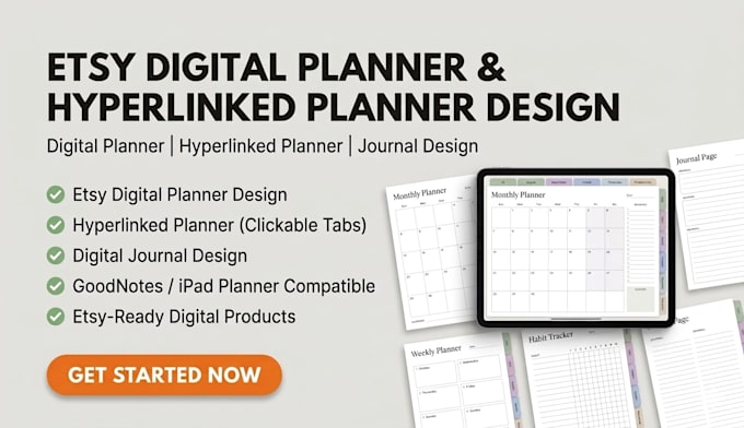 design etsy digital planner, hyperlinked planner and digital journal