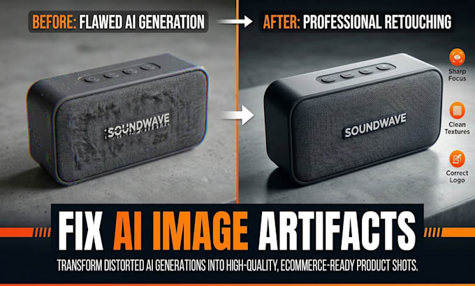 fix ai image artifacts, correct text, and retouch for ecommerce