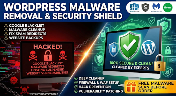clean wordpress malware, fix redirect issues, remove blacklist, set up security