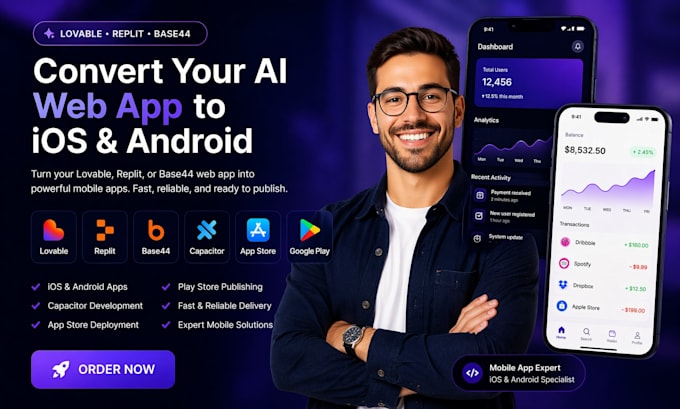 lovable to ios capacitor app base44 replit rork app android app store publish