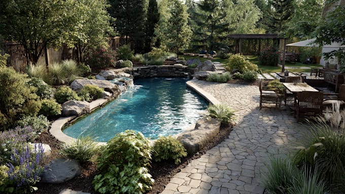 do realistic landscape, backyard, garden, pool, patio design