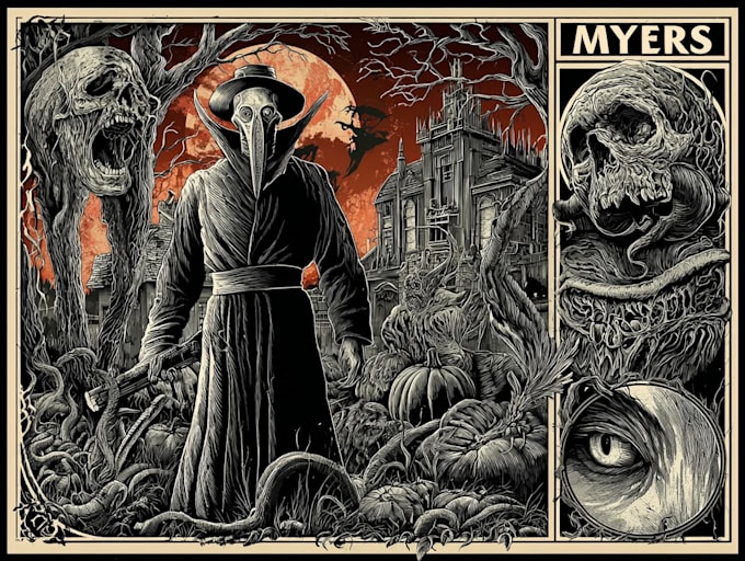 create creepy horror vintage character illustration