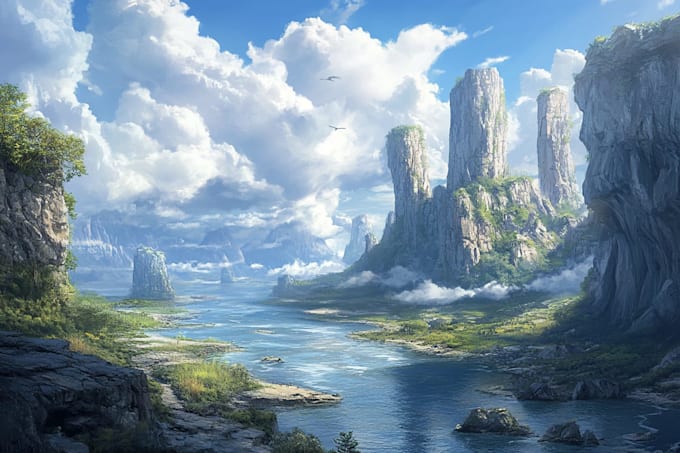 create a fantasy landscape, background illustration