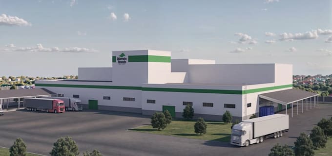 construct 3d site plan,industrial warehouse render,exterior parking space layout