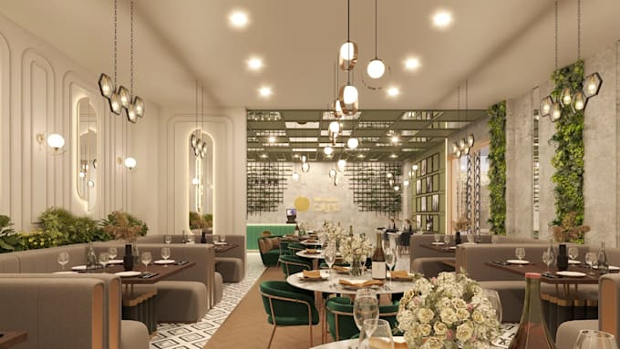 do restaurant interior design with 3d renders and layouts