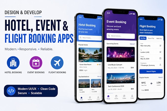 develop hotel booking app, event booking app, flight booking app development