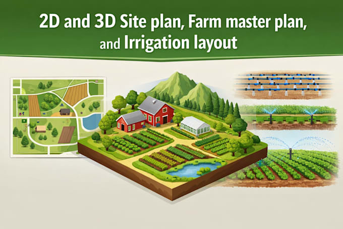 create 2d and 3d site plan, farm master plan, and irrigation layout