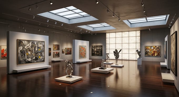 Design a realistic 3d art gallery, museum, or exhibition interior with ...