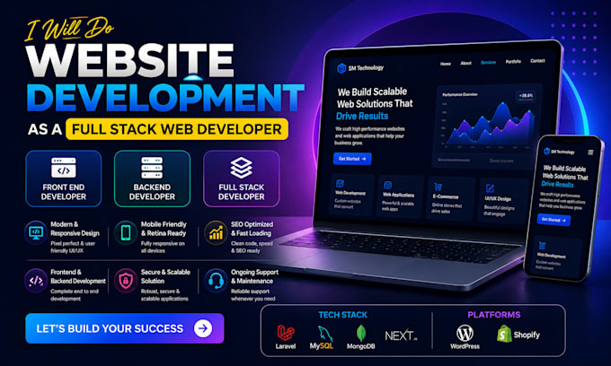 do website development as full stack web developer, front end, backend developer