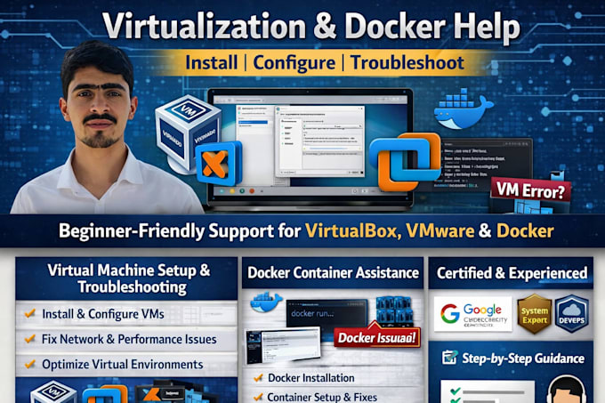 help you install, configure, and troubleshoot virtualbox, vmware, or dock