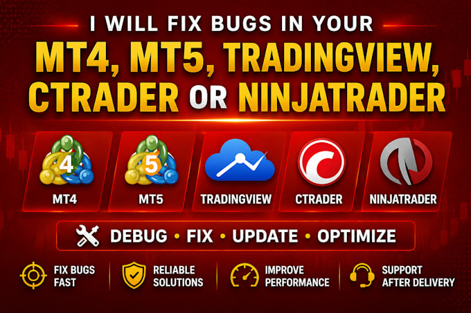 debug, fix, update, optimize your mt4, mt5, ninjatrader, ctrader, or tradingview