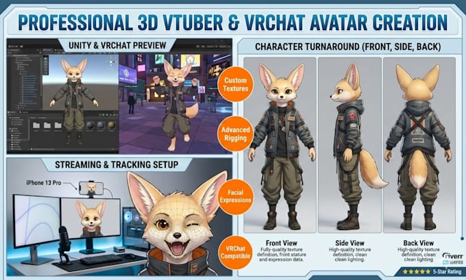 3d vrchat avatar, unity VR character, vroid vtuber model, furry avatar full rig