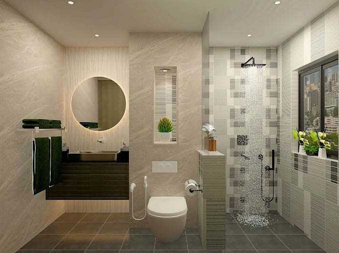 redesign bathroom interior,commercial restroom render,toilet design,layout plan