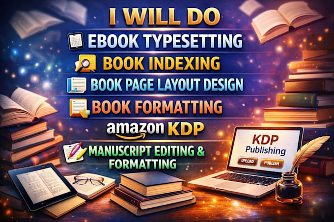 do ebook typesetting, book indexing, book page layout design, book formatting