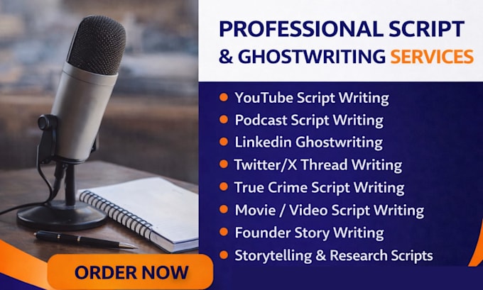write youtube podcast script linkedln ghostwriting movie true crime script