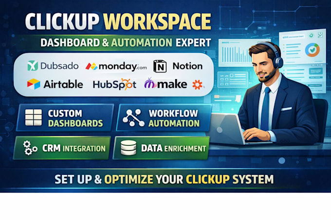 set up and customize clickup workspace and clickup dashboard with automation