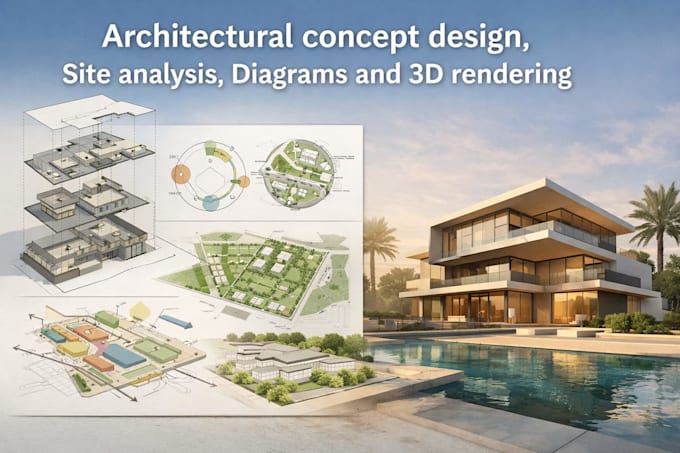 create architectural concept design, site analysis, diagrams and 3d rendering