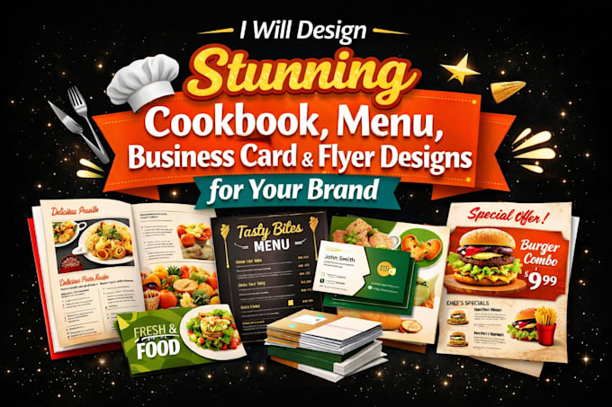 design digital cookbook recipe, menu card, restaurant, business card, or flyer