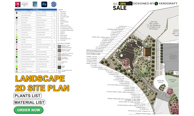 architect landscape site plan, planting plan, material list, hoa garden designer