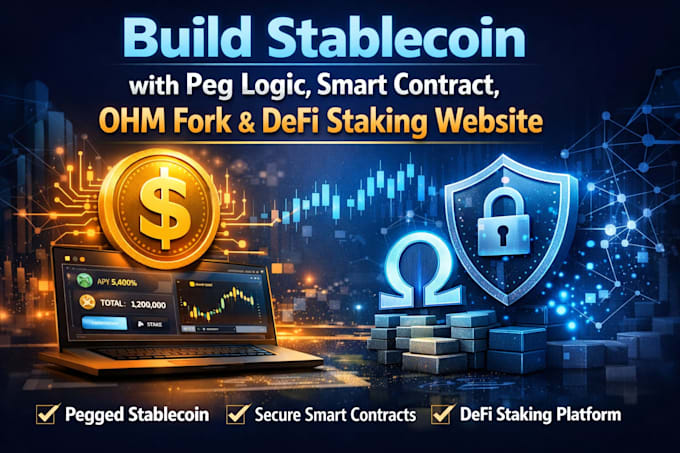build stablecoin with peg logic, smart contract, ohm fork, defi staking website