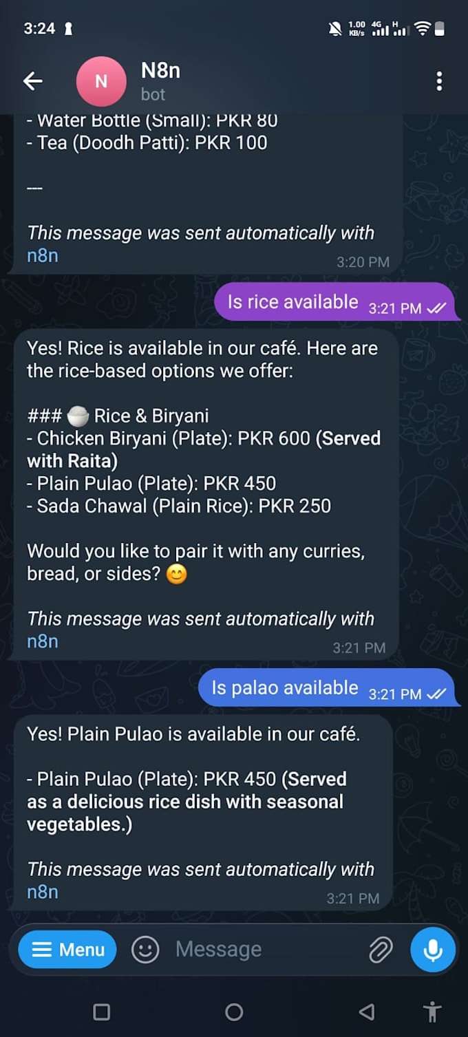 automate restaurant orders via n8n chatbots