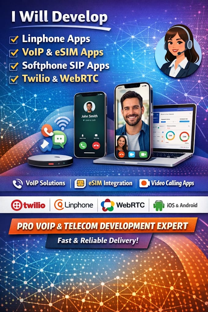develop linphone app, voip app, esim app, softphone sip calling app with twilio