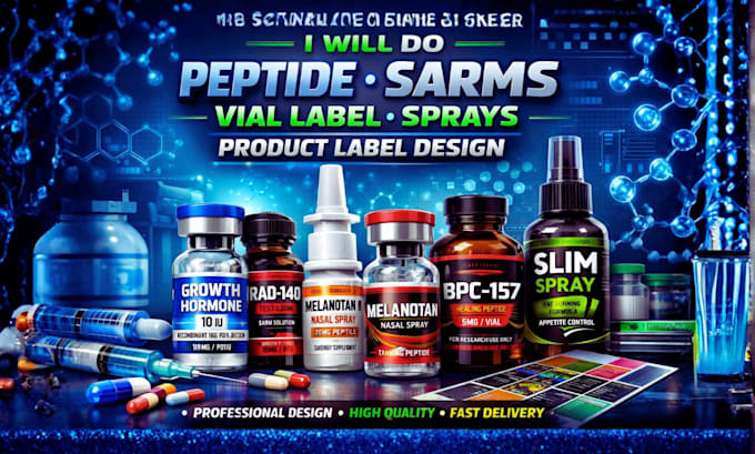 design peptide, vial, product label design, 3d mockup